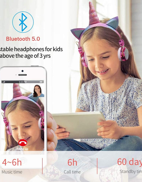 Load image into Gallery viewer, Kids Headphones, Wireless Headphones for Kids Unicorn Headphones for Girls Bluetooth Headphones W/Mic with Adjustable Headband, over on Ear Headset for Smartphones/School/Kindle/Tablet/Pc Online Study
