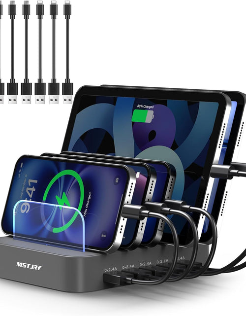 Load image into Gallery viewer, Charging Station for Multiple Devices,  5 Port Multi USB Charger Station with Power Switch Designed for Iphone Ipad Cell Phone Tablets (Gray, 7 Mixed Short Cables Included)
