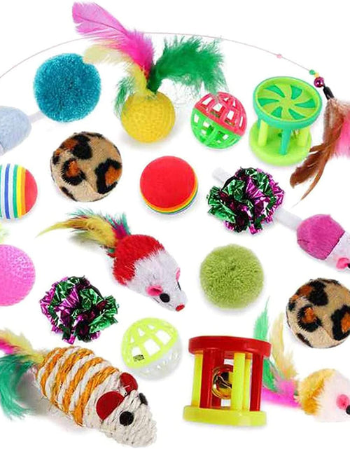 Load image into Gallery viewer, 24Pcs Cat Toys Kitten Interactive Pet Toys Assortments, Foldable Rainbow S-Tunnel, Cat Feather Teaser, Wand Interactive Feather Toy, Fluffy Mouse, Crinkle Balls, Bell Play for Cat, Puppy, Kitty, Kitten
