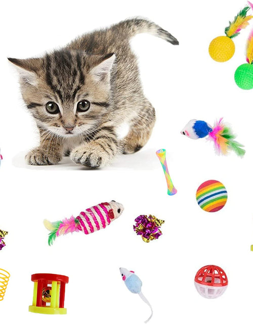 Load image into Gallery viewer, 24Pcs Cat Toys Kitten Interactive Pet Toys Assortments, Foldable Rainbow S-Tunnel, Cat Feather Teaser, Wand Interactive Feather Toy, Fluffy Mouse, Crinkle Balls, Bell Play for Cat, Puppy, Kitty, Kitten
