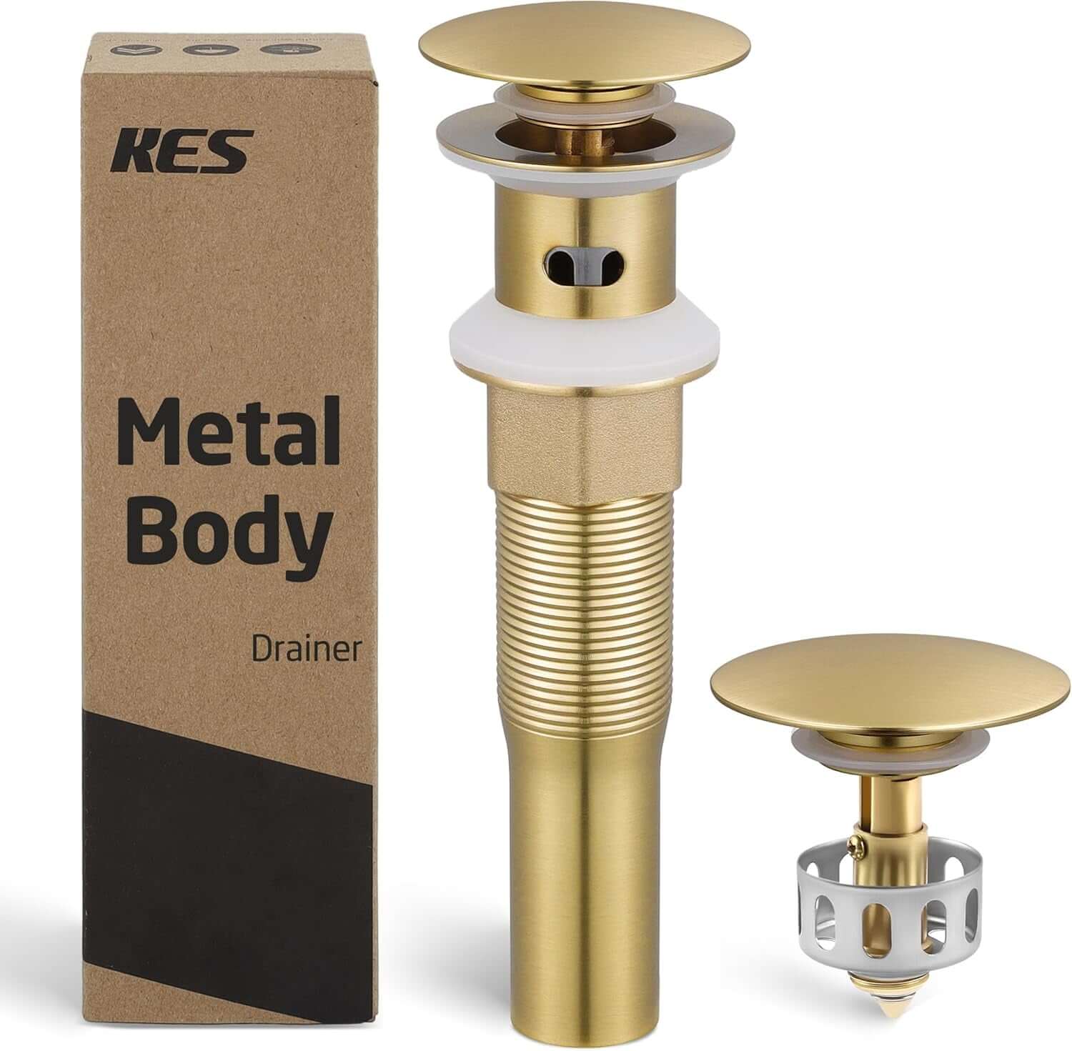 All Metal Bathroom Sink Drain with Strainer Basket Hair Catcher anti Clog Pop up Drain Stopper for Vanity Vessel Sink with Overflow, Rustproof 18/8 Stainless Steel Brushed Gold, S2013A-BZ