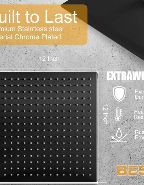 Load image into Gallery viewer, 12 Inch Rain Shower Head, 12&quot; Square Rainfall &amp; High Pressure Stainless Steel Bath Showerhead, 1/16&quot; Ultra Thin, Waterfall Full Body Coverage with Silicone Nozzle, Matte Black Finish
