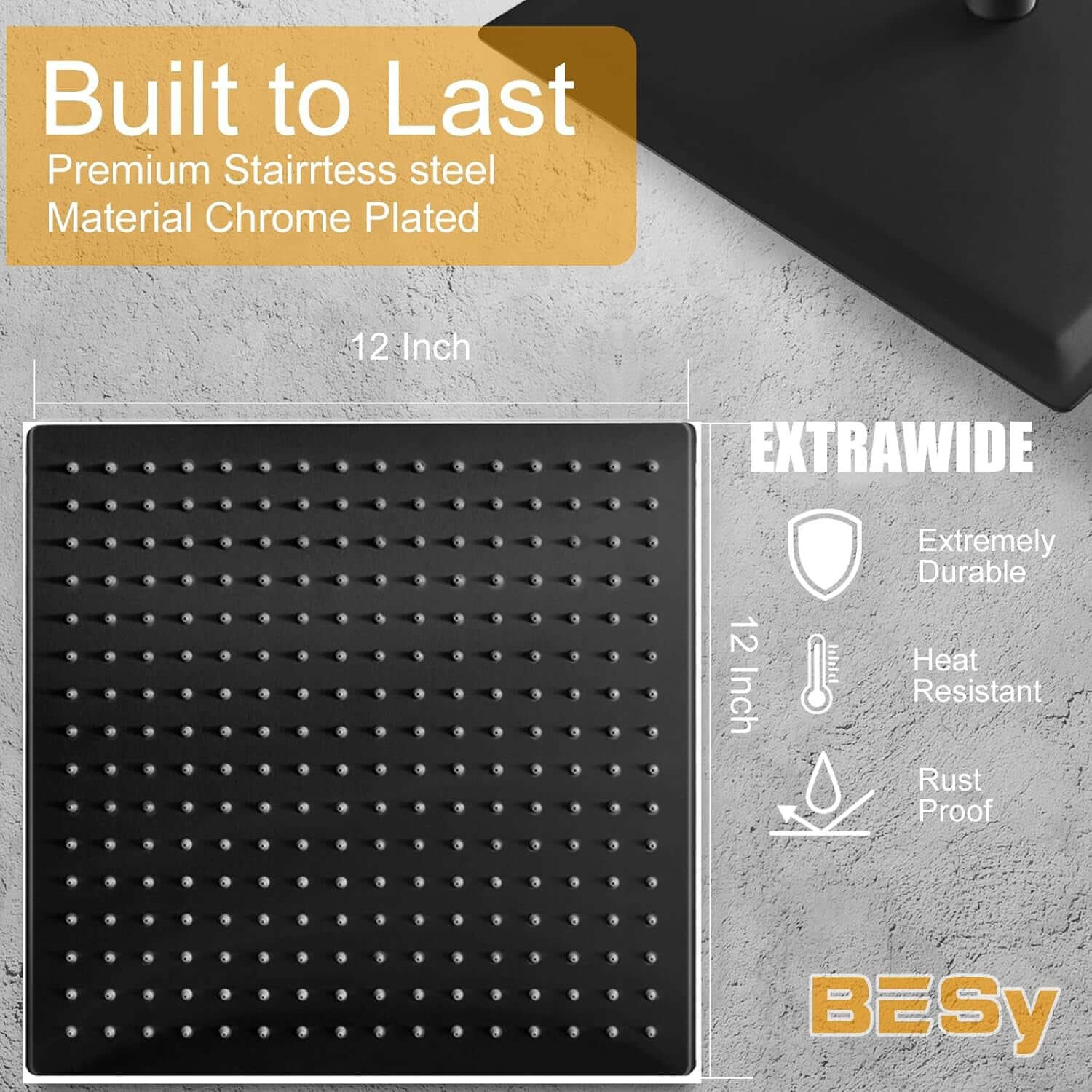 12 Inch Rain Shower Head, 12" Square Rainfall & High Pressure Stainless Steel Bath Showerhead, 1/16" Ultra Thin, Waterfall Full Body Coverage with Silicone Nozzle, Matte Black Finish