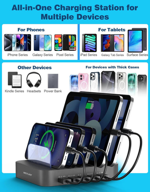 Load image into Gallery viewer, Charging Station for Multiple Devices,  5 Port Multi USB Charger Station with Power Switch Designed for Iphone Ipad Cell Phone Tablets (Gray, 7 Mixed Short Cables Included)
