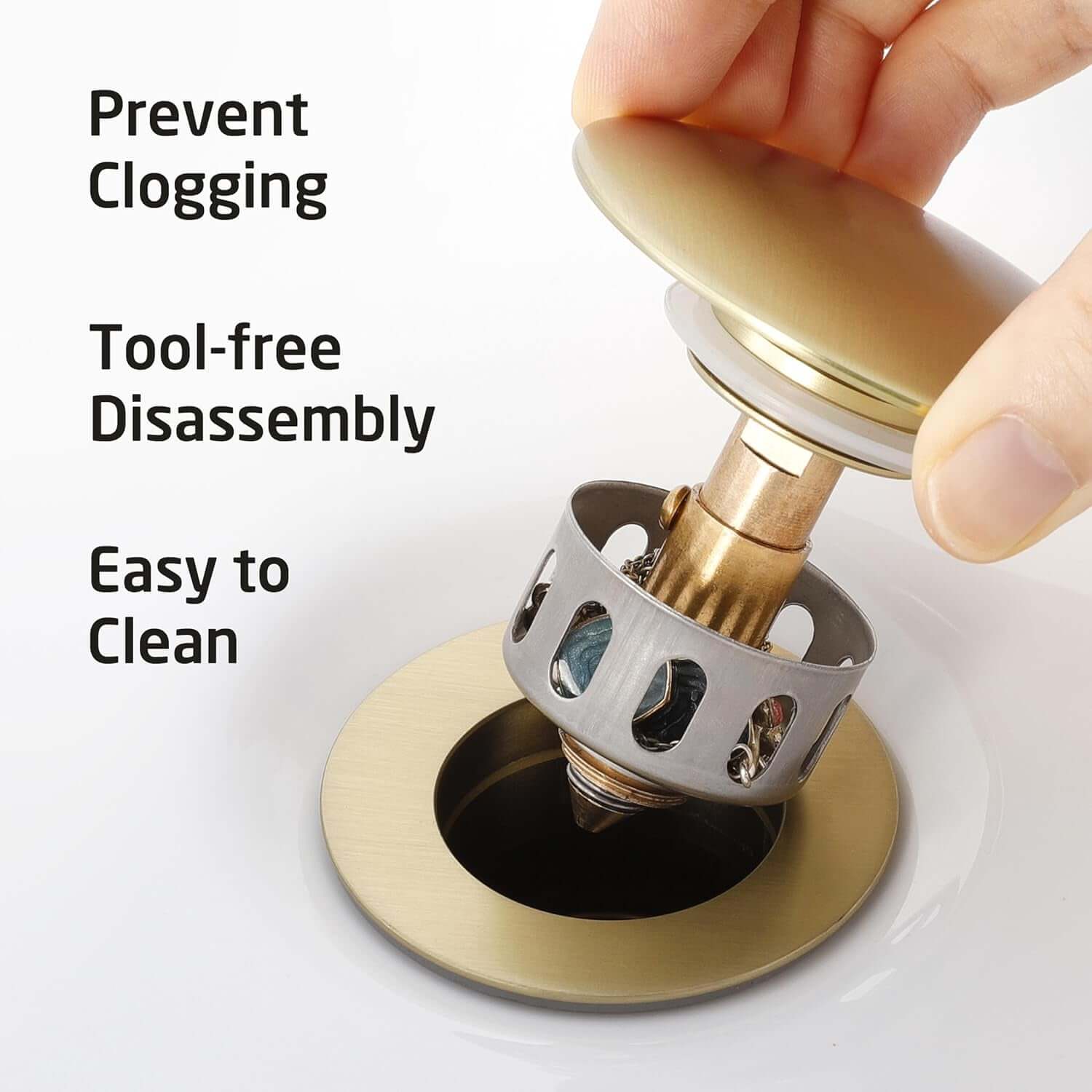 All Metal Bathroom Sink Drain with Strainer Basket Hair Catcher anti Clog Pop up Drain Stopper for Vanity Vessel Sink with Overflow, Rustproof 18/8 Stainless Steel Brushed Gold, S2013A-BZ