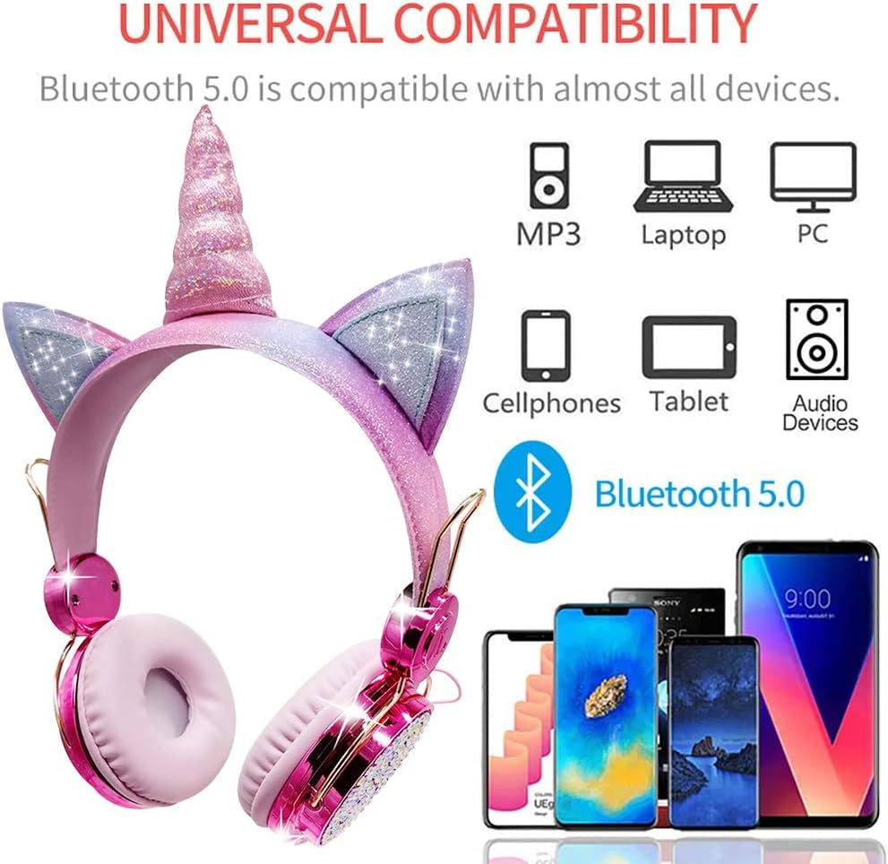 Kids Headphones, Wireless Headphones for Kids Unicorn Headphones for Girls Bluetooth Headphones W/Mic with Adjustable Headband, over on Ear Headset for Smartphones/School/Kindle/Tablet/Pc Online Study