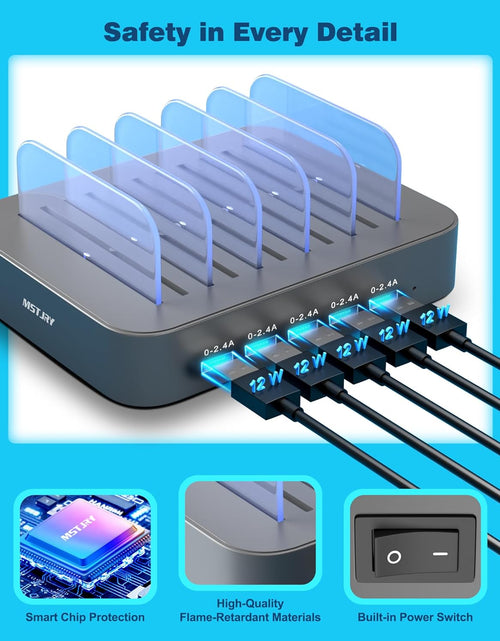 Load image into Gallery viewer, Charging Station for Multiple Devices,  5 Port Multi USB Charger Station with Power Switch Designed for Iphone Ipad Cell Phone Tablets (Gray, 7 Mixed Short Cables Included)
