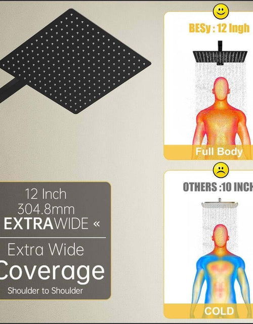 Load image into Gallery viewer, 12 Inch Rain Shower Head, 12&quot; Square Rainfall &amp; High Pressure Stainless Steel Bath Showerhead, 1/16&quot; Ultra Thin, Waterfall Full Body Coverage with Silicone Nozzle, Matte Black Finish
