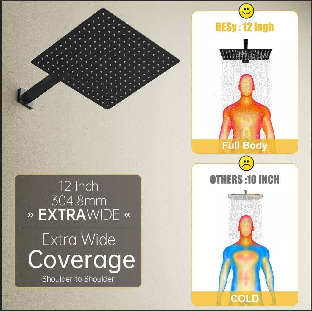 12 Inch Rain Shower Head, 12" Square Rainfall & High Pressure Stainless Steel Bath Showerhead, 1/16" Ultra Thin, Waterfall Full Body Coverage with Silicone Nozzle, Matte Black Finish