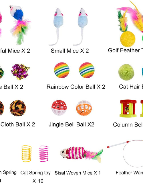 Load image into Gallery viewer, 24Pcs Cat Toys Kitten Interactive Pet Toys Assortments, Foldable Rainbow S-Tunnel, Cat Feather Teaser, Wand Interactive Feather Toy, Fluffy Mouse, Crinkle Balls, Bell Play for Cat, Puppy, Kitty, Kitten
