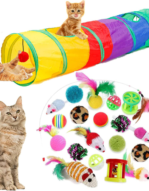 Load image into Gallery viewer, 24Pcs Cat Toys Kitten Interactive Pet Toys Assortments, Foldable Rainbow S-Tunnel, Cat Feather Teaser, Wand Interactive Feather Toy, Fluffy Mouse, Crinkle Balls, Bell Play for Cat, Puppy, Kitty, Kitten
