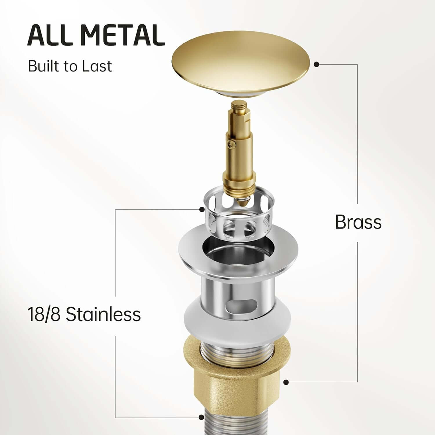 All Metal Bathroom Sink Drain with Strainer Basket Hair Catcher anti Clog Pop up Drain Stopper for Vanity Vessel Sink with Overflow, Rustproof 18/8 Stainless Steel Brushed Gold, S2013A-BZ
