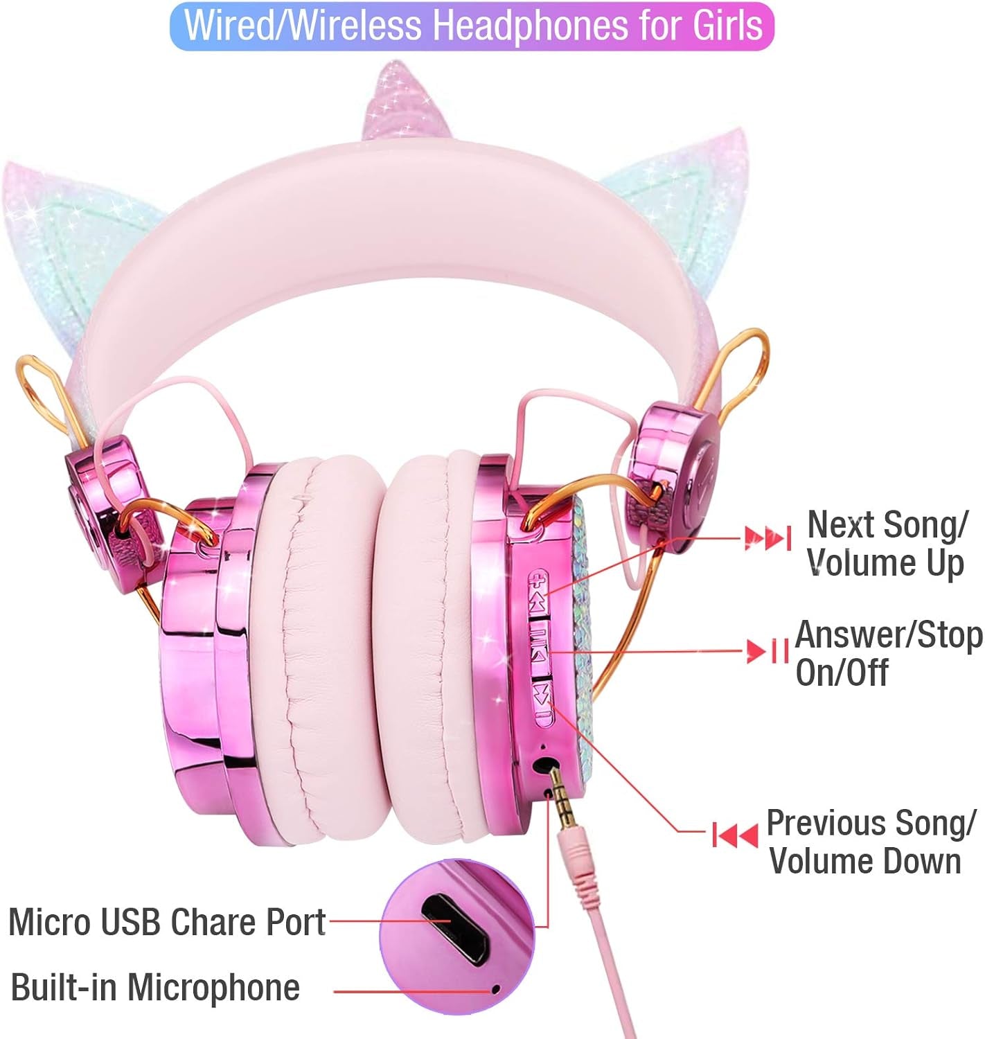 Kids Headphones, Wireless Headphones for Kids Unicorn Headphones for Girls Bluetooth Headphones W/Mic with Adjustable Headband, over on Ear Headset for Smartphones/School/Kindle/Tablet/Pc Online Study