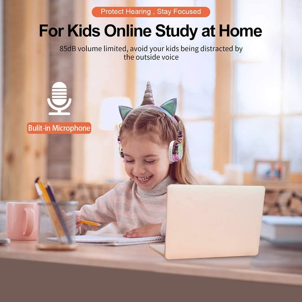 Kids Headphones, Wireless Headphones for Kids Unicorn Headphones for Girls Bluetooth Headphones W/Mic with Adjustable Headband, over on Ear Headset for Smartphones/School/Kindle/Tablet/Pc Online Study