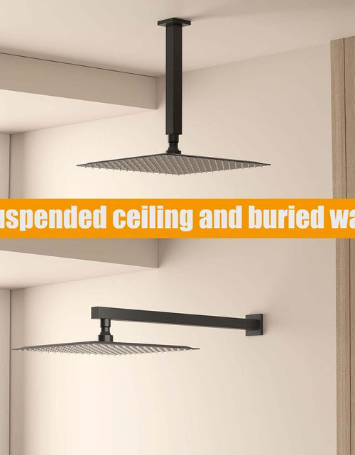 Load image into Gallery viewer, 12 Inch Rain Shower Head, 12&quot; Square Rainfall &amp; High Pressure Stainless Steel Bath Showerhead, 1/16&quot; Ultra Thin, Waterfall Full Body Coverage with Silicone Nozzle, Matte Black Finish
