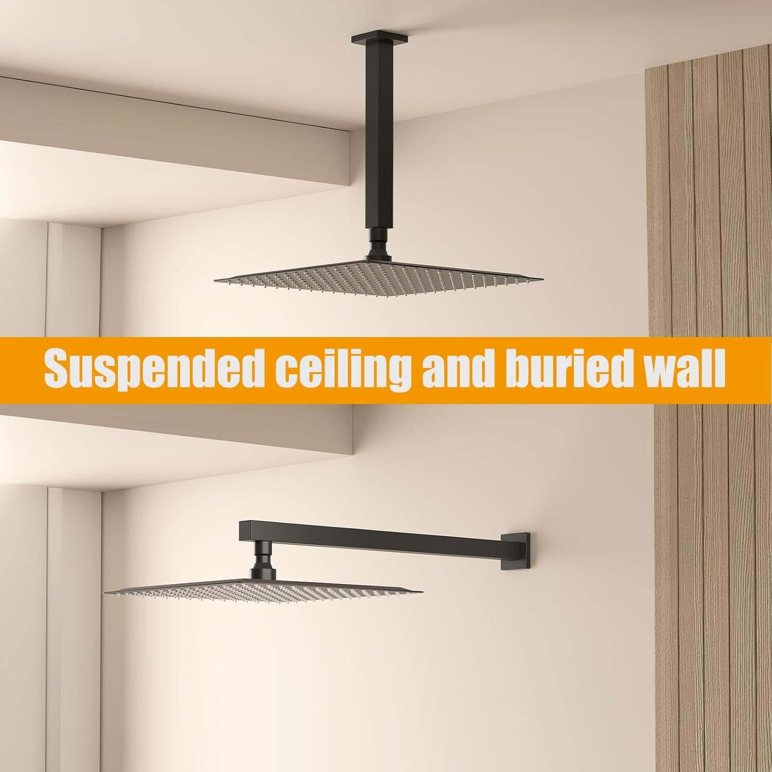 12 Inch Rain Shower Head, 12" Square Rainfall & High Pressure Stainless Steel Bath Showerhead, 1/16" Ultra Thin, Waterfall Full Body Coverage with Silicone Nozzle, Matte Black Finish
